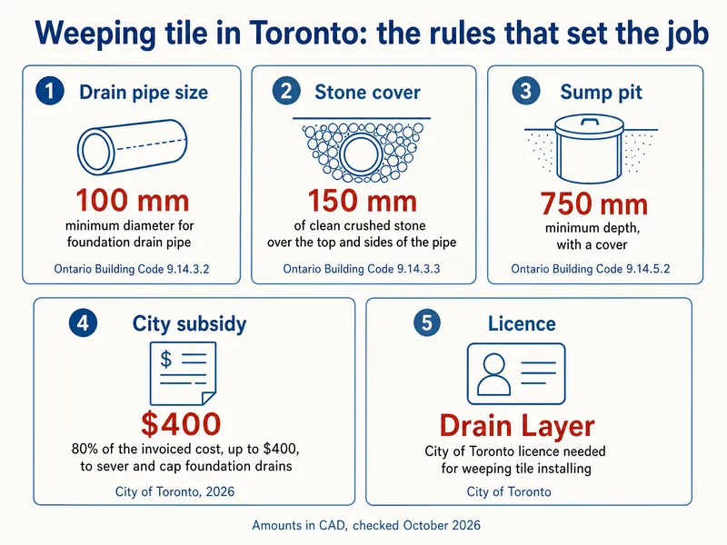 Weeping tile in Toronto: the rules that set the job. Drain pipe size 100 mm minimum diameter (Ontario Building Code 9.14.3.2); stone cover 150 mm of clean crushed stone over the top and sides (9.14.3.3); sump pit 750 mm minimum depth with a cover (9.14.5.2); City subsidy $400, 80% of the invoiced cost to sever and cap foundation drains (City of Toronto, 2026); Drain Layer licence needed for weeping tile installing (City of Toronto). Amounts in CAD, checked October 2026.